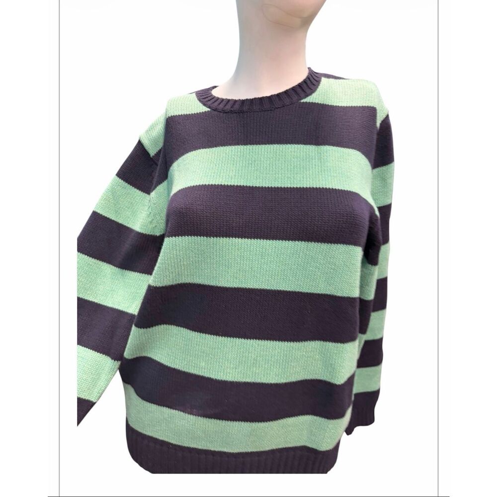 Lands End Classic Striped Crew Neck Sweater Women’s Size Medium Green and Navy B - Picture 4 of 11